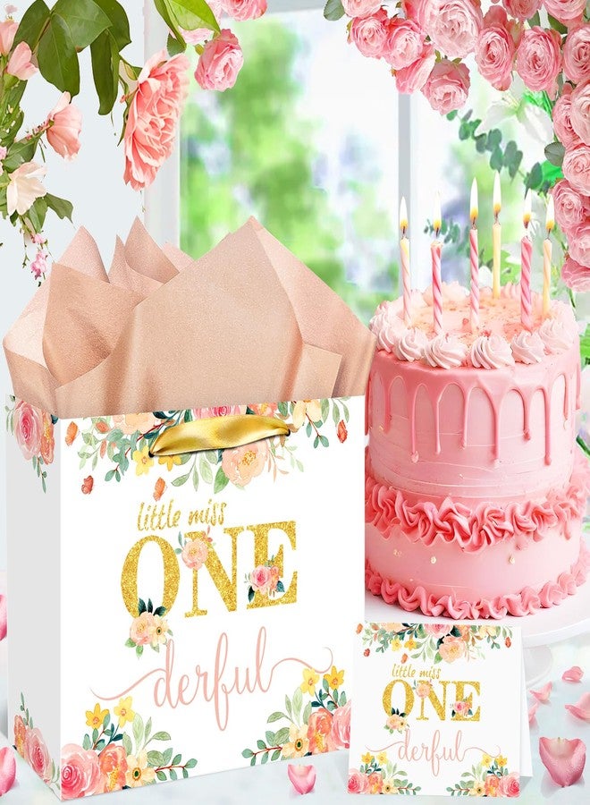 Woosytoo Baby Girl 1st Birthday Gift Bag Little Miss Onederful Gift Bag with Greeting Card and Tissue Papers Floral First Birthday Wrapping Paper Bag for Girls Newborn Baby Shower Christmas One Year Old Party - Image 2